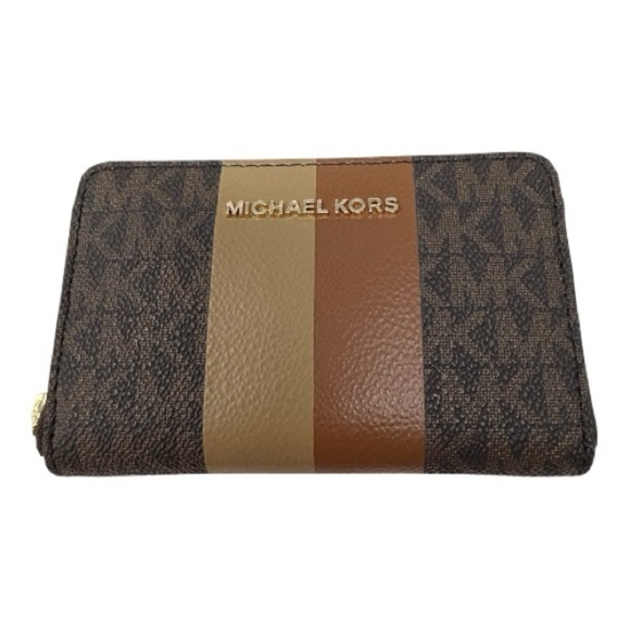 Michael Kors Jet Set Travel Medium Logo Stripe Zip Wallet – Brown/Gold - Picture 2 of 10